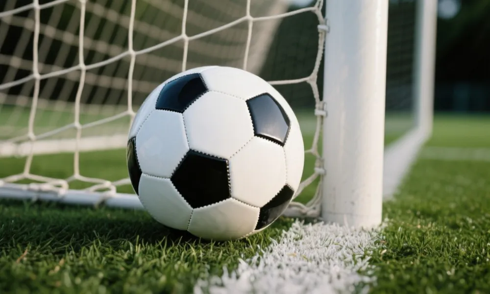 足球与球门网的特写镜头，彰显体育比赛氛围