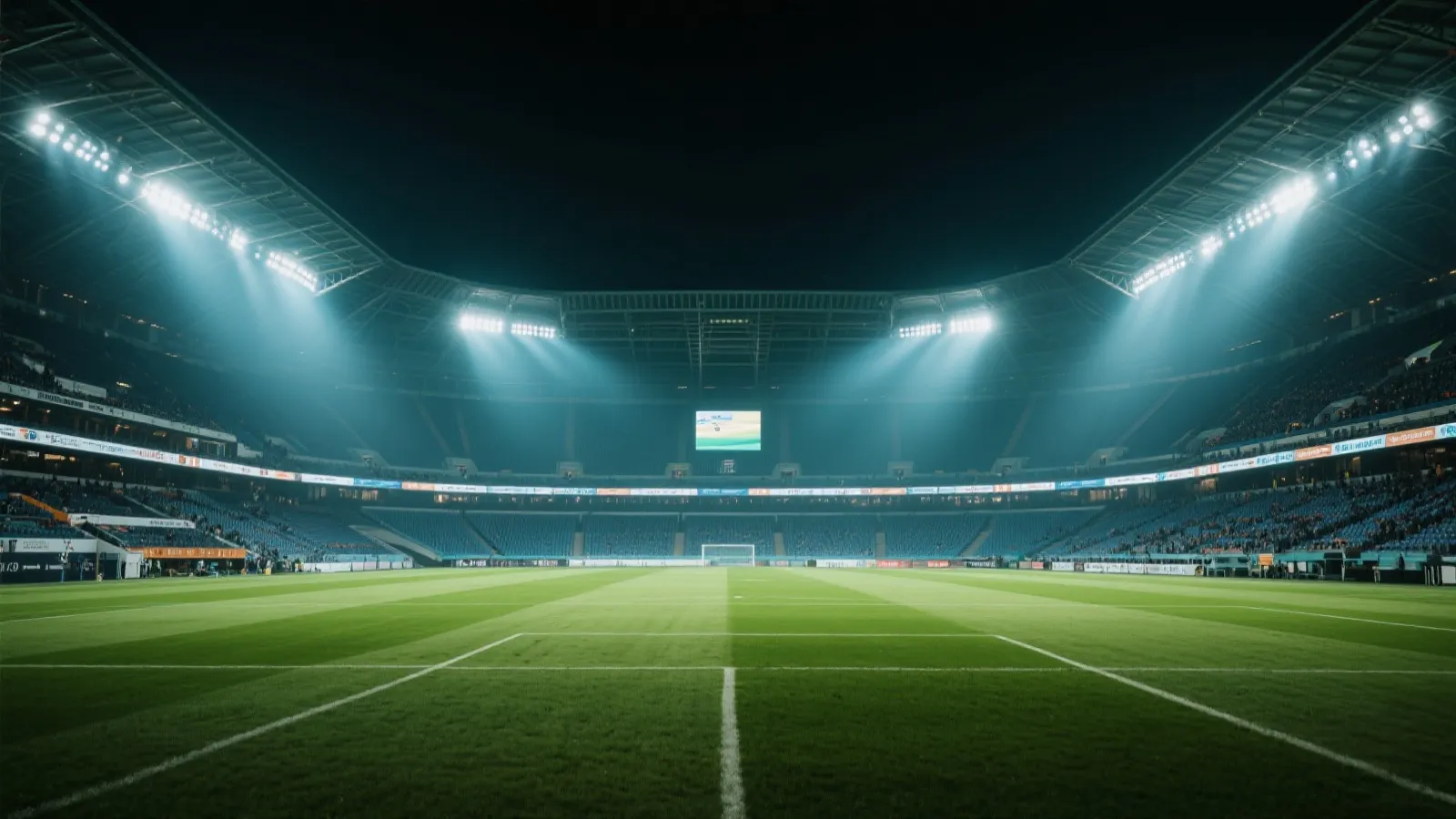 绿茵场与聚光灯的体育现场氛围图